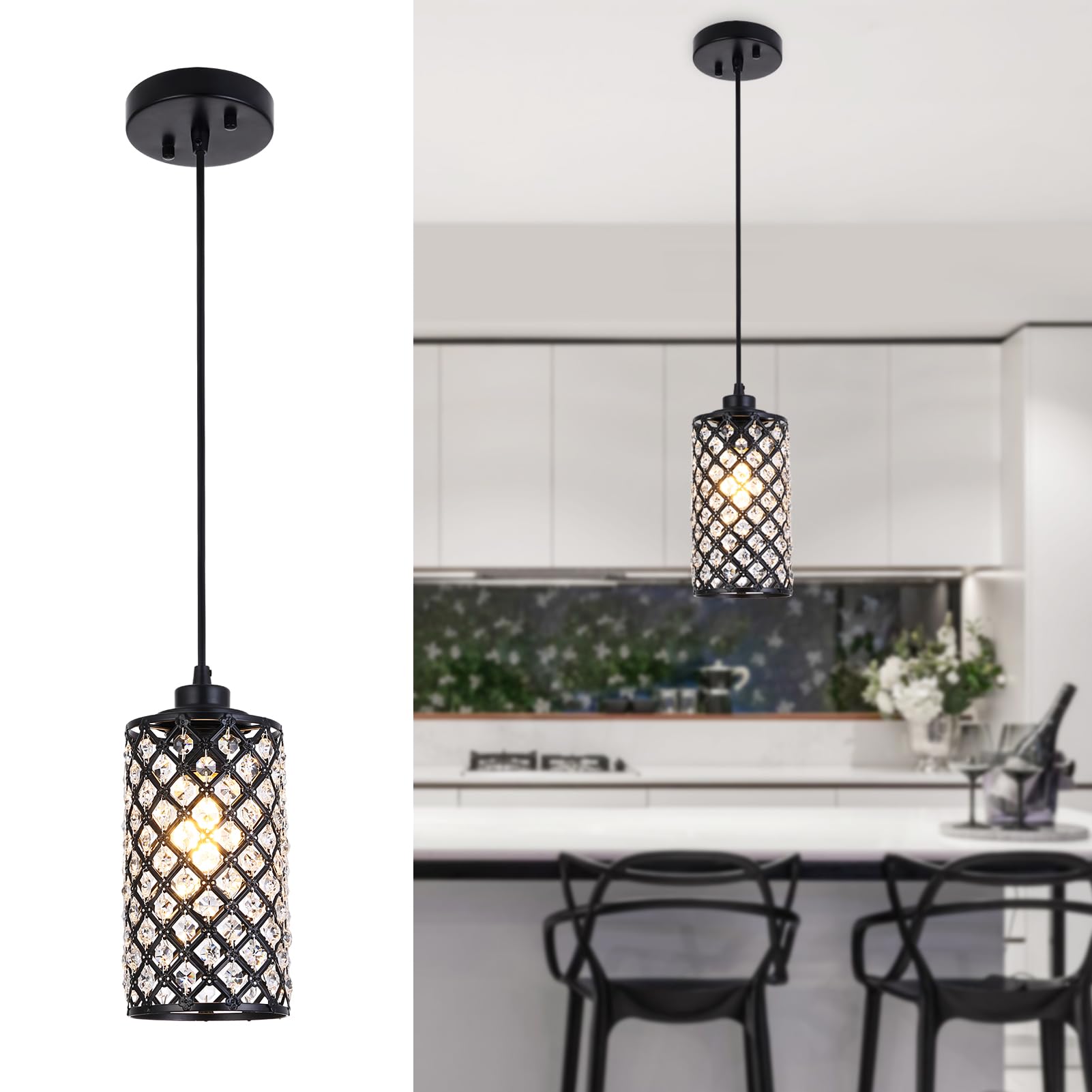 Niloah Crystal Pendant Lights Kitchen Island Black, Farmhouse Pendant Lighting for Kitchen Island, Single Kitchen Island Lighting Over Island,1 Light Ceiling Hanging Kitchen Light Fixtures