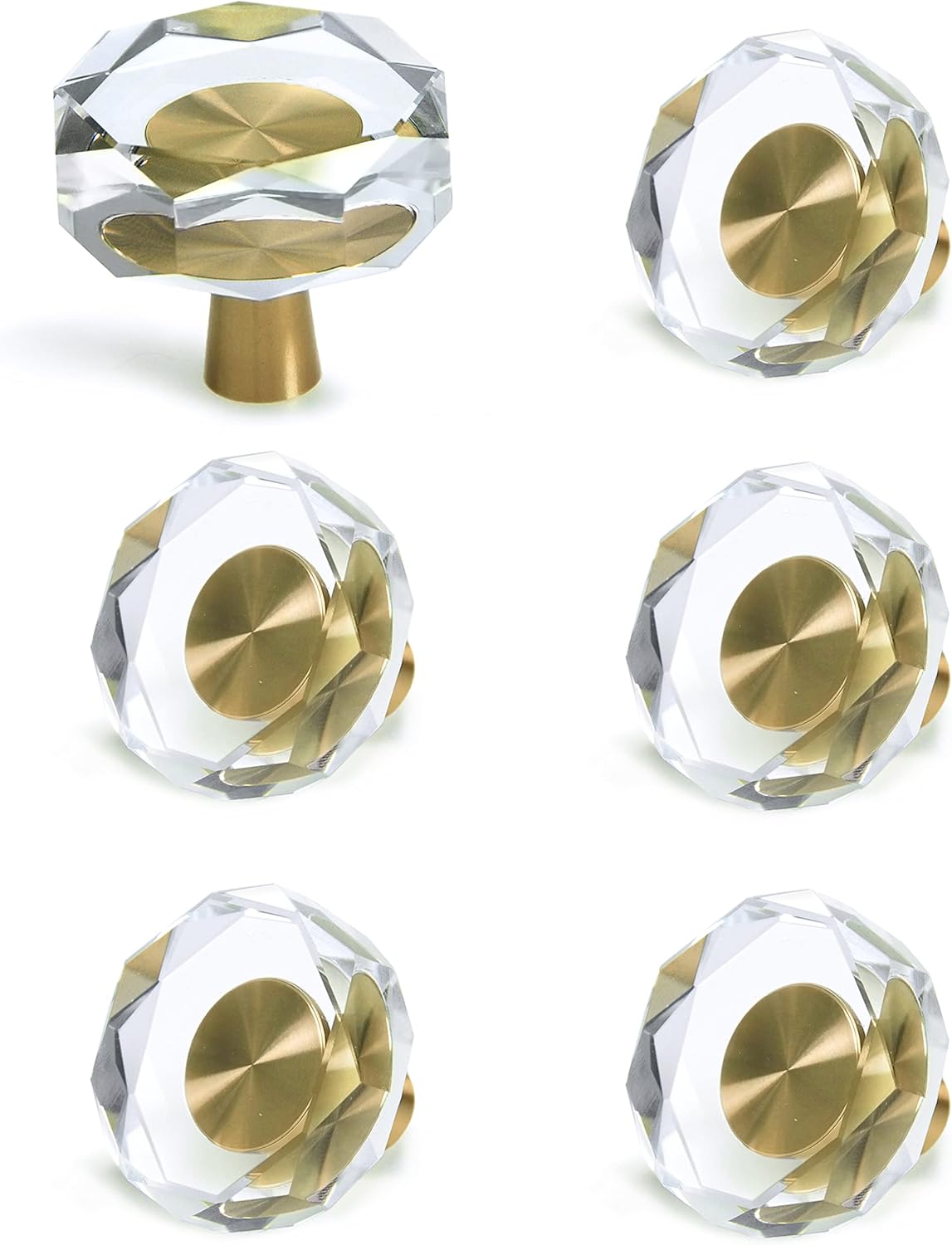 JEREVER 6 Pack Glass Crystal Knobs Brass Drawer Pull Cabinet Handle Gold Furniture Hardware for Dresser Kitchen (Polygon)