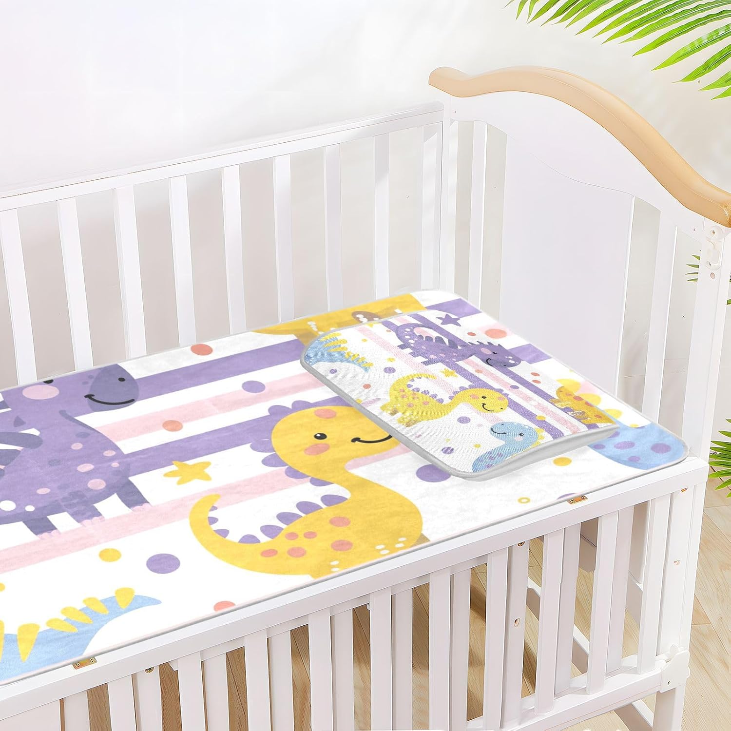 Cartoon Cute Dinosaurs Light Purple Stripes Cooling Baby Mattress pad Protector 28" x 52" Absorbent Pads for beds for Baby&Toddler