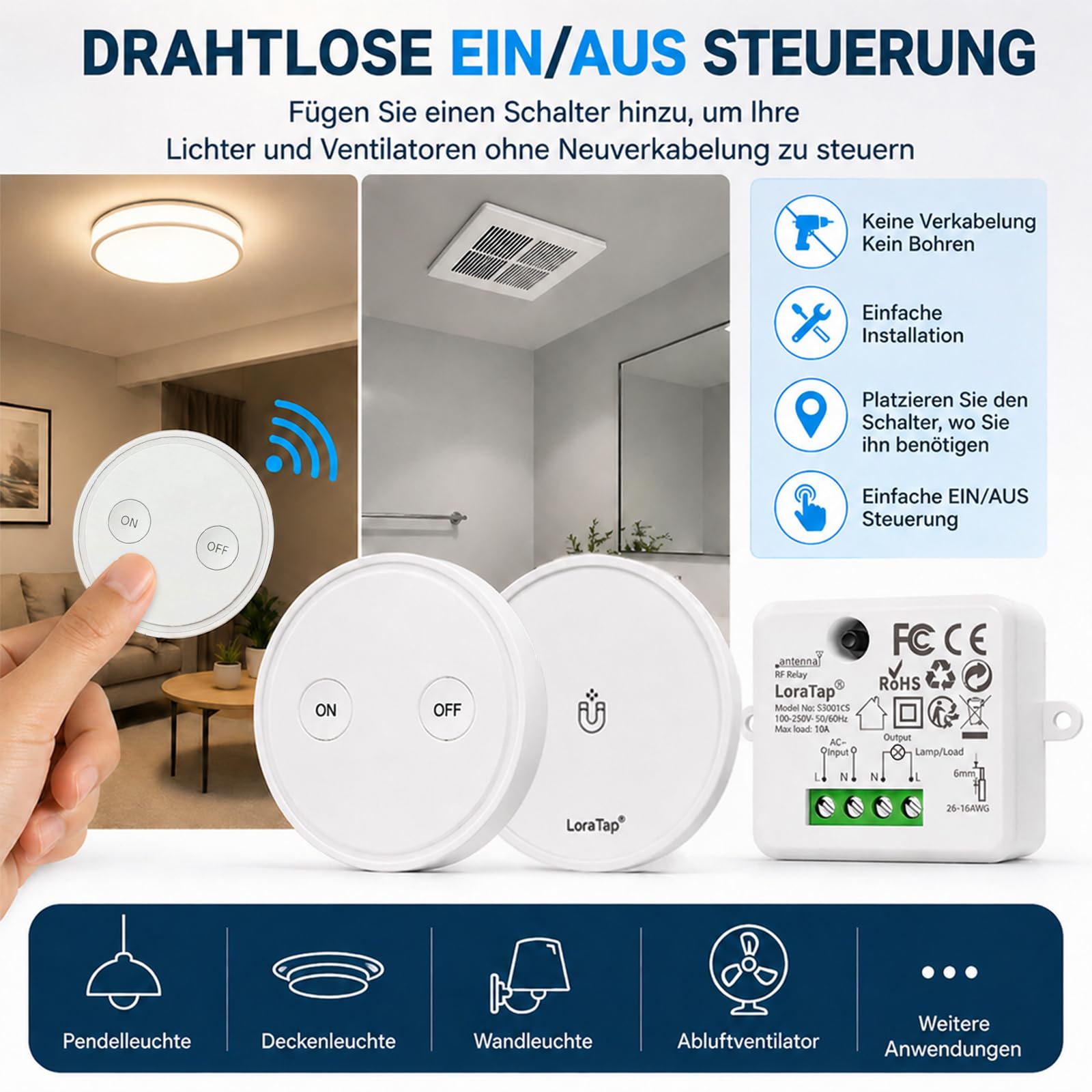 LoraTap Funk Lichtschalter Set mit 1 Fernbedienung und 1 Empfänger, 230V Funk Einbauschalter für Licht & Geräte bis 2300W, Drahtlose Steuerung ohne Zusatzverkabelung, 200 m Reichweite, ohne WLAN