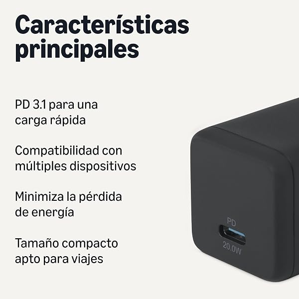 Amazon Basics Cargador de Pared USB-C Nano GaN de Carga Rápida, 20W y 1 Puerto PD 3.1 para Tablets y Teléfonos, Negro - 2