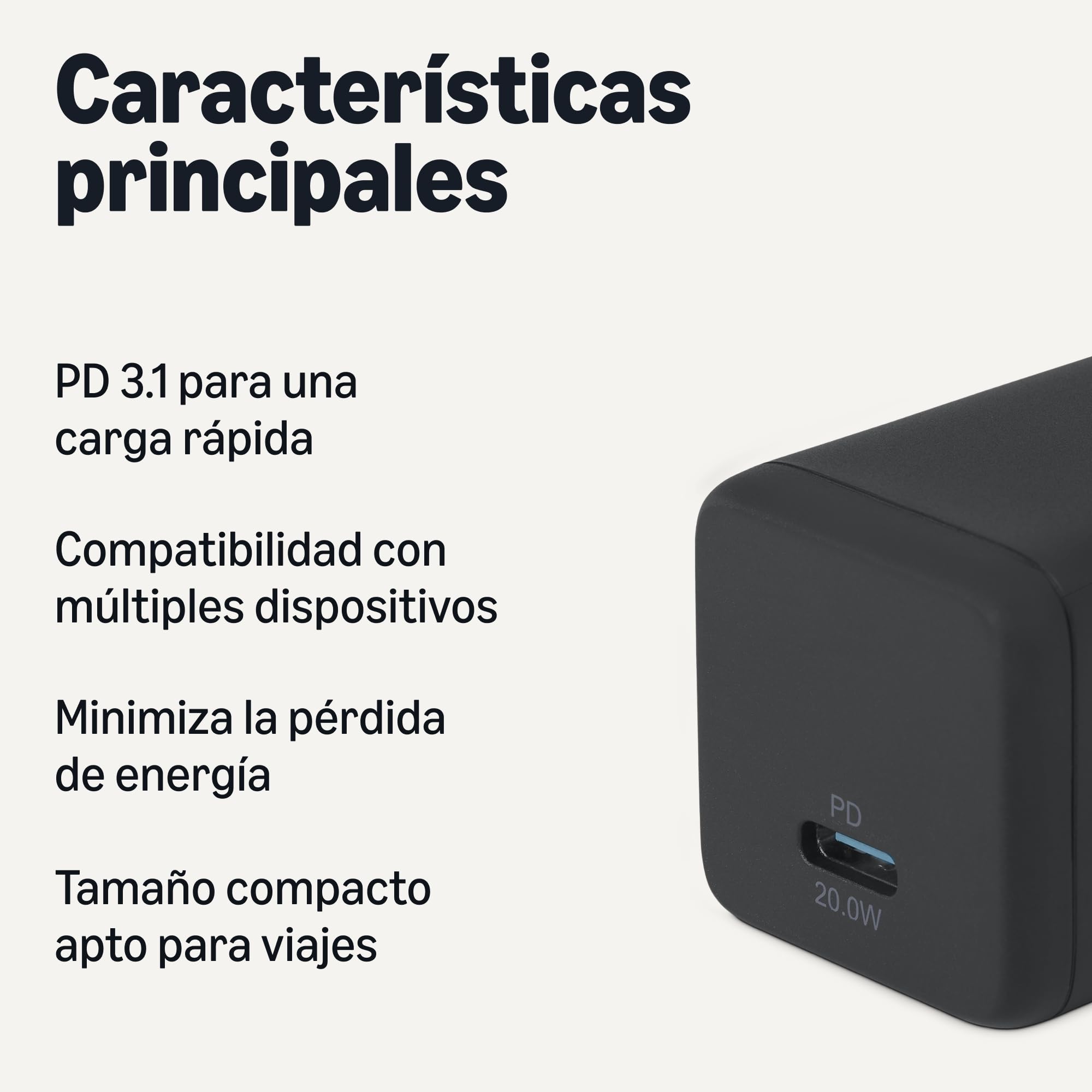 Amazon Basics Cargador de Pared USB-C Nano GaN de Carga Rápida, 20W y 1 Puerto PD 3.1 para Tablets y Teléfonos, Negro - 3