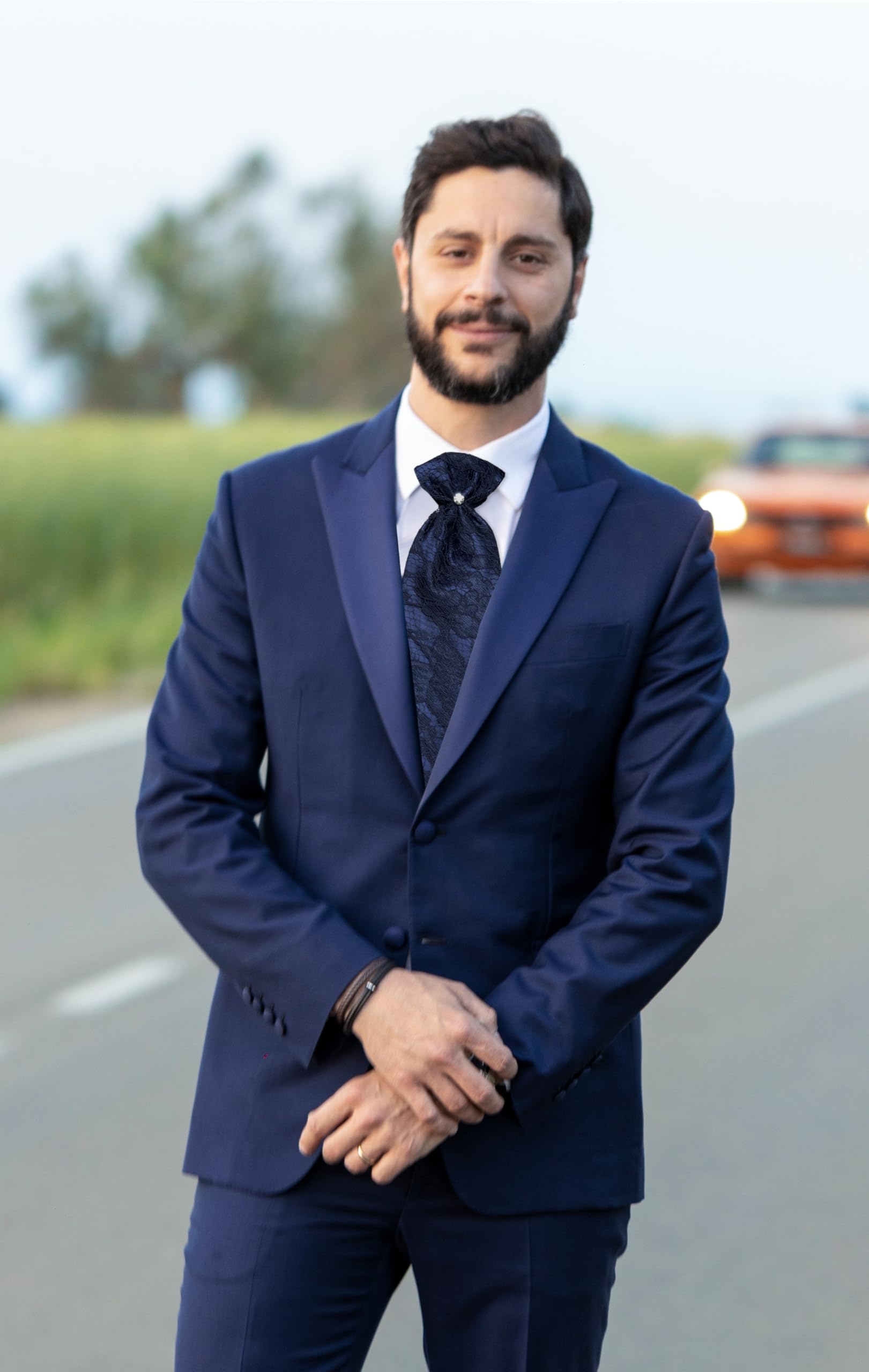 Remo Sartori - Plastron Krawatte für Bräutigam für Zeremonie aus Spitze und Seide, hergestellt in Italien, für Herren, blau, Einheitsgröße