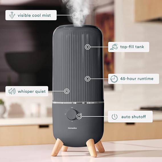 Homedics Ultrasonic Humidifier, Bedrooms and Home Offices, 0.97-Gallon Tank | 45-Hour Runtime, Visible Ultra-Quiet Cool Mist, Aromatherapy, Demineralization Cartridge, Night-Light, Auto-Off, Platinum