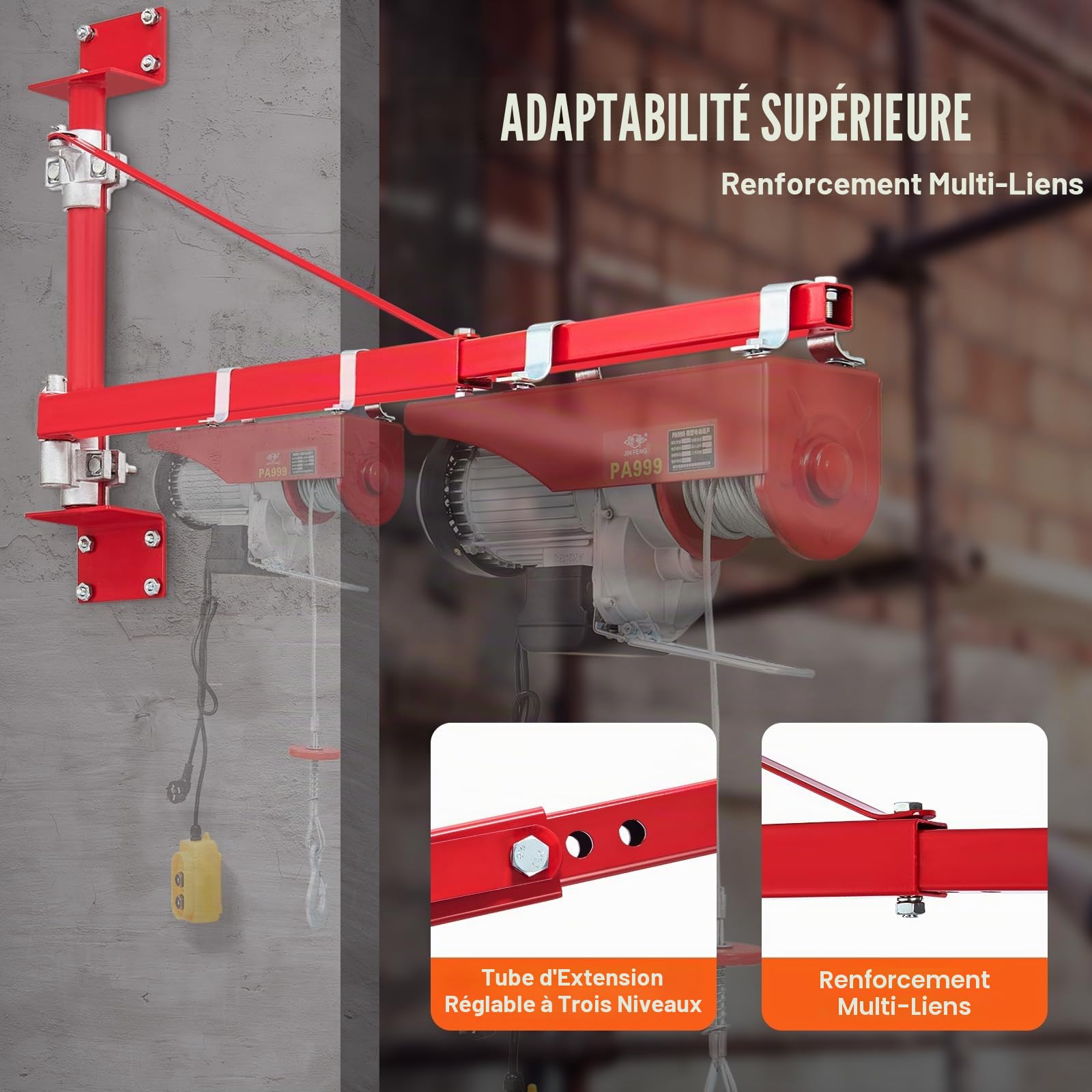 VEVOR Bras de support de palan électrique, capacité de charge 600 kg, bras pivotant de support palan avec poteau, cadre de palan acier, bras de levage de palan d'échafaudage 180° pour atelier, garage