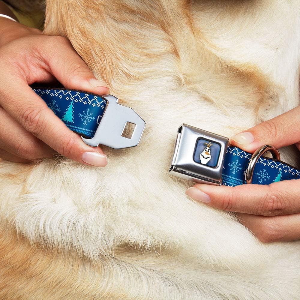 Buckle-Down Seatbelt Buckle Dog Collar - Olaf/Snowflakes Stitch Blues/White - 1.5" Wide - Fits 16-23" Neck - Medium