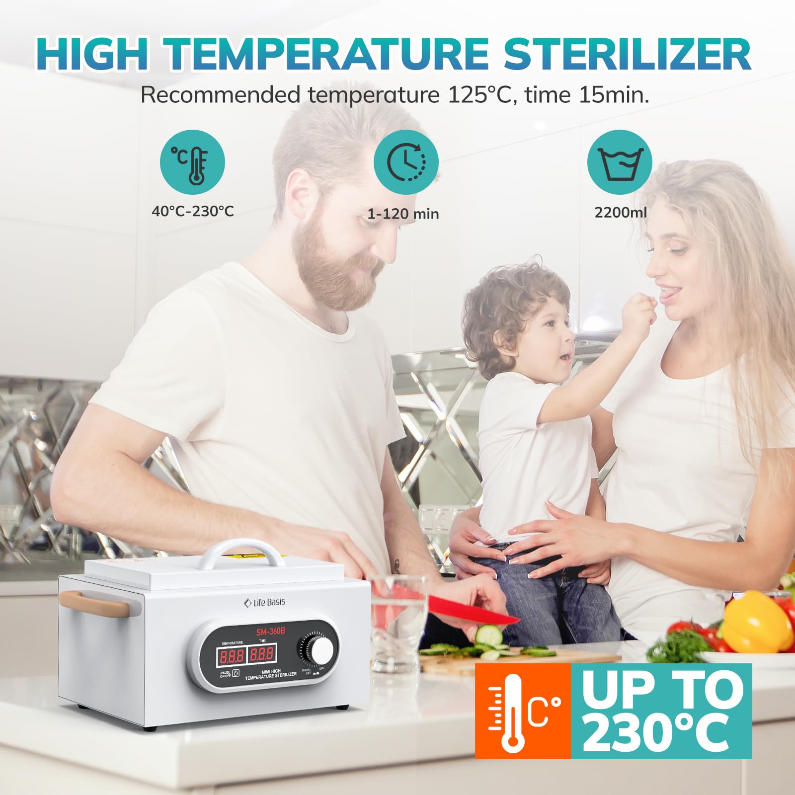 LifeBasis Stérilisateur à Air Chaud 2,2 L – 300 W, Température Réglable 40–230 °C & Minuterie 1–120 min – Pour Matériel d'Onglerie, Manucure, Instituts de Beauté et Tatouage