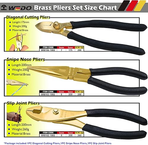 Miniatura 9 de WEDO Juego de alicates de latón de 2 piezas, alicates de punta larga de 8 pulgadas con mango antideslizante, alicates de punta de franja, longitud