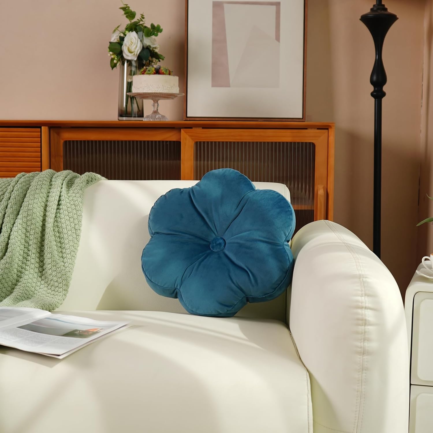 Flower Shaped Velvet Decorative Throw Pillow Cushion Ultra Soft Cute Floor Pillow for Couch Bed Sofa Car Chair 16x16 Inches (Peacock Blue)