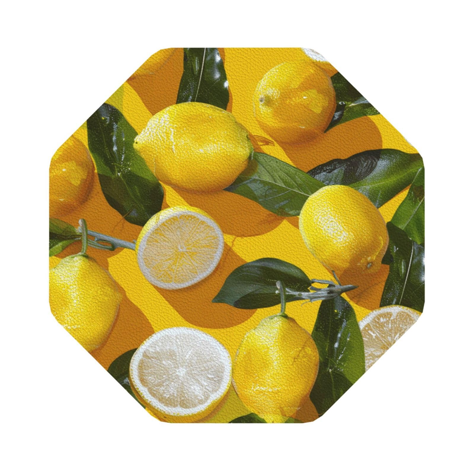 Yellow Lemons Print Leather Coaster Set of 6, Octagon Coasters Table Decorative Coffee Cup Beverage Coasters Wine Beer Bar Coasters for Hot Drinks Table Protection