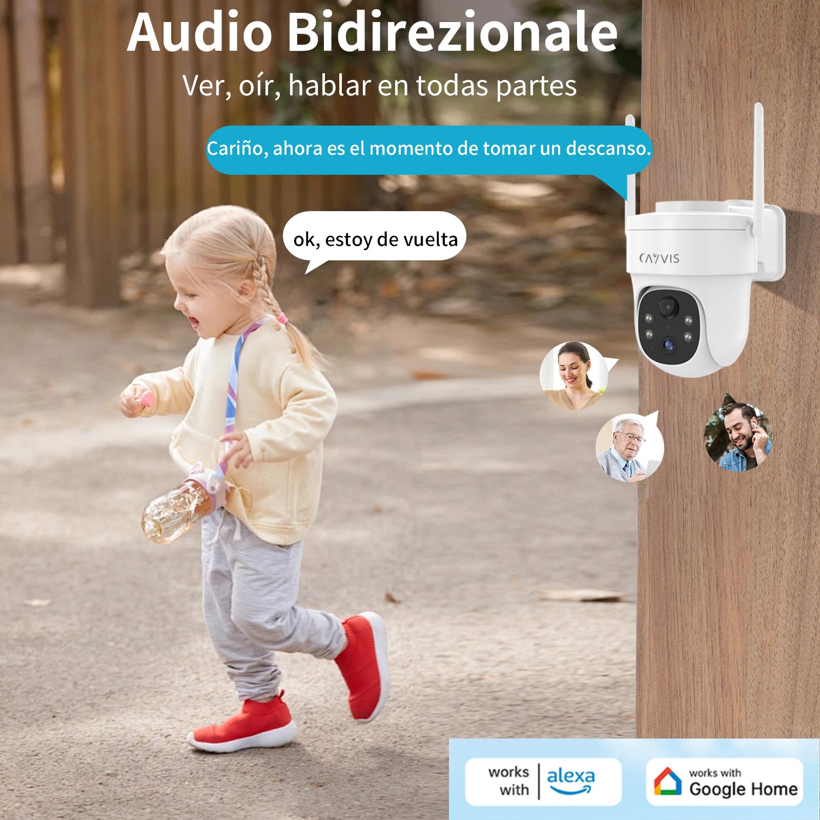2K 3MP Camara Vigilancia WiFi Exterior Solar con Batería, 360° 2,4GHz PTZ Camaras de Vigilancia sin Cables, Visión Nocturna en Color, Detección Humana PIR/AI, Alexa