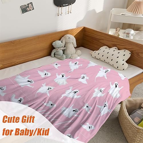 Miniatura 6 de YeeJu Manta de forro polar de Halloween, pequeña, color rosa, linda manta de fantasma, manta de Halloween para bebé, acogedora manta suave y ligera