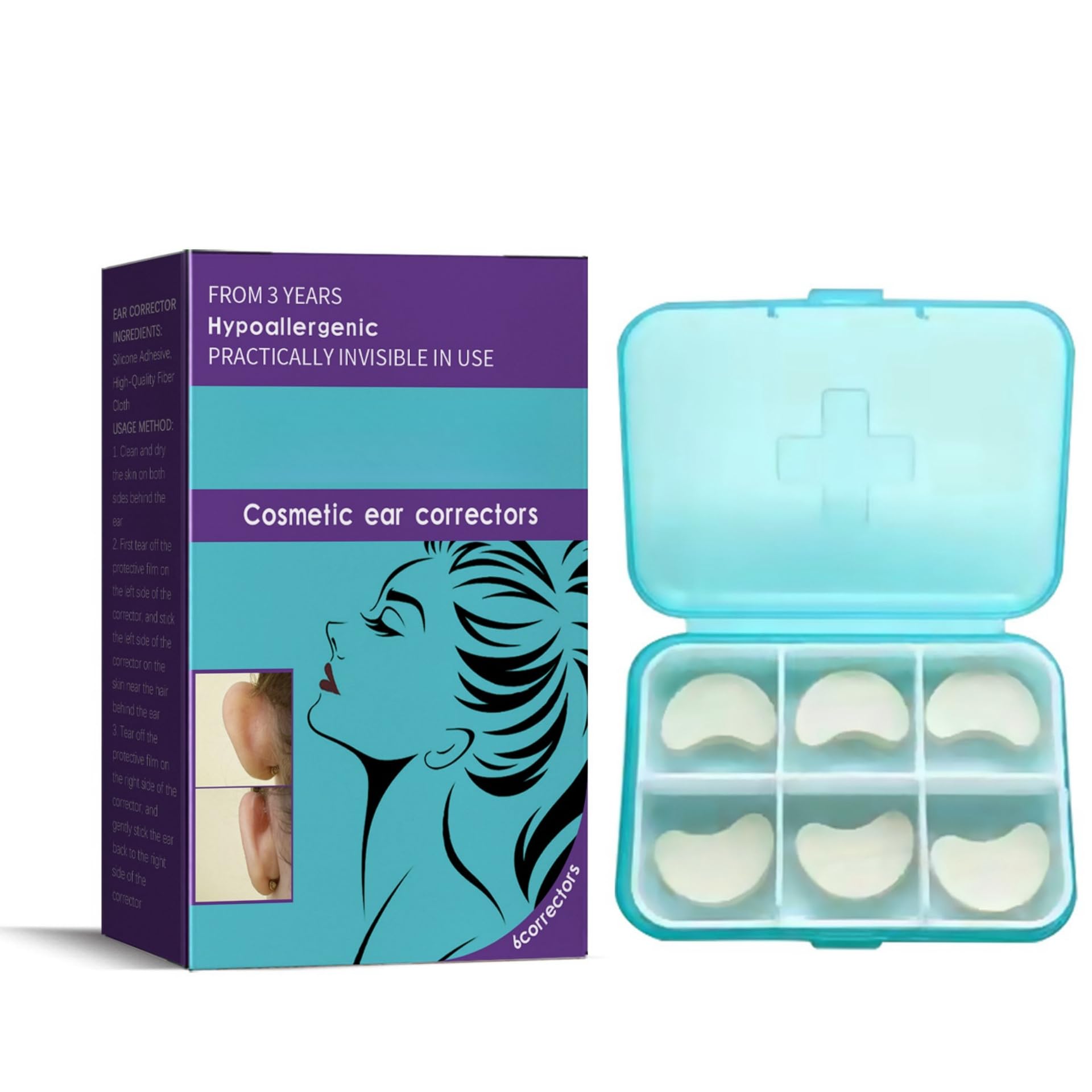 Cosmetic Ear Correctors 6-Piece to Reshape and Reduce the Appearance of Prominent Ears, Discreet and Invisible Support, Waterproof and Secure Adhesion, for Various Ear Shapes, Reusable