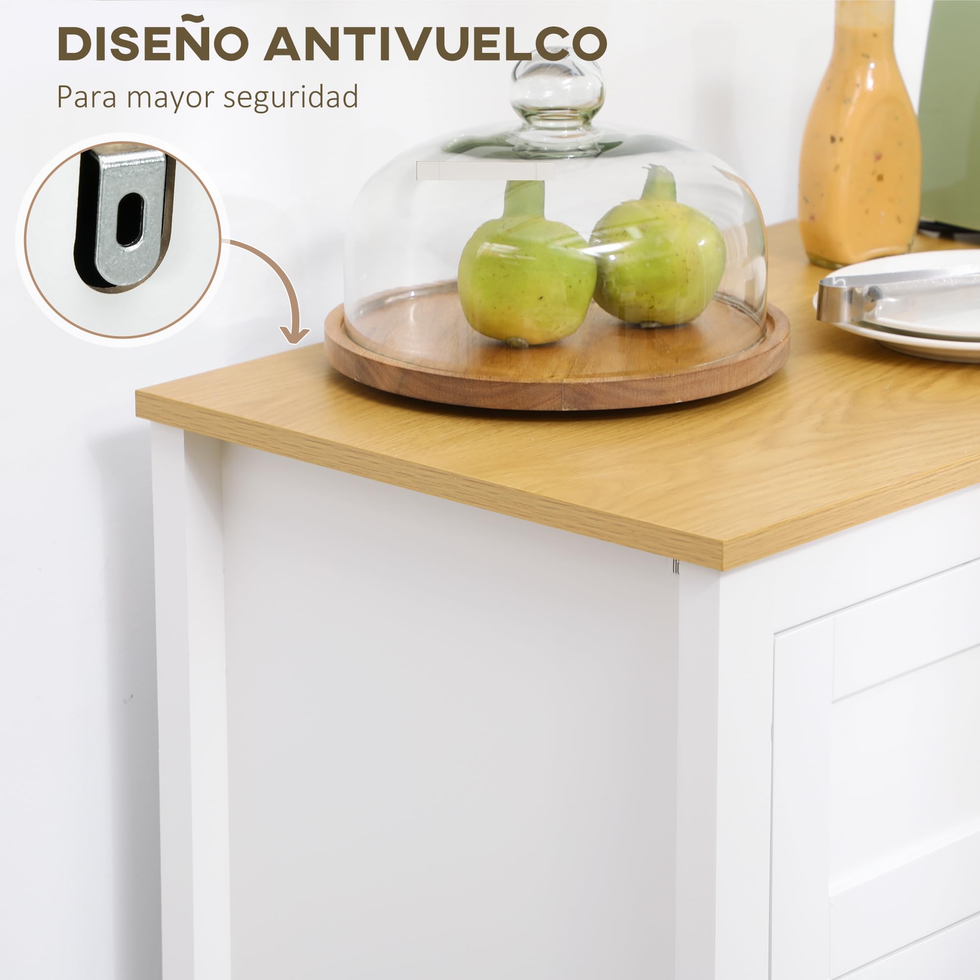 HOMCOM Aparador de Cocina Moderno Mueble Buffet Auxiliar con Cajón Estante Ajustable y 2 Puertas de Vidrio Armario de Almacenamiento para Salón Comedor 80x40x90 cm Blanco