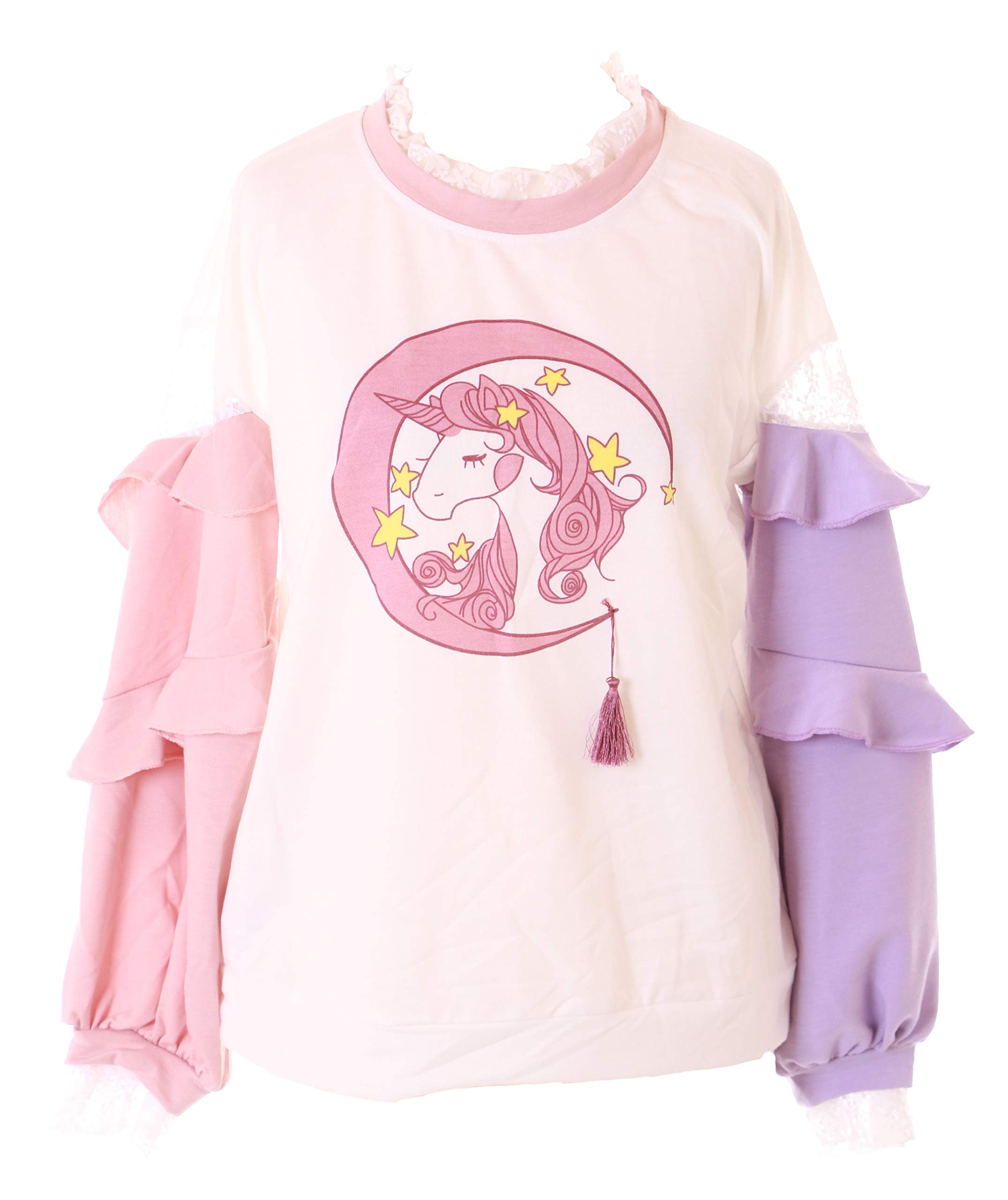Kawaii-StoryTS-225 Pink Purple Ruffle Sleeves Magic Unicorn Pastel Goth Long Sleeve Shirt Kawaii