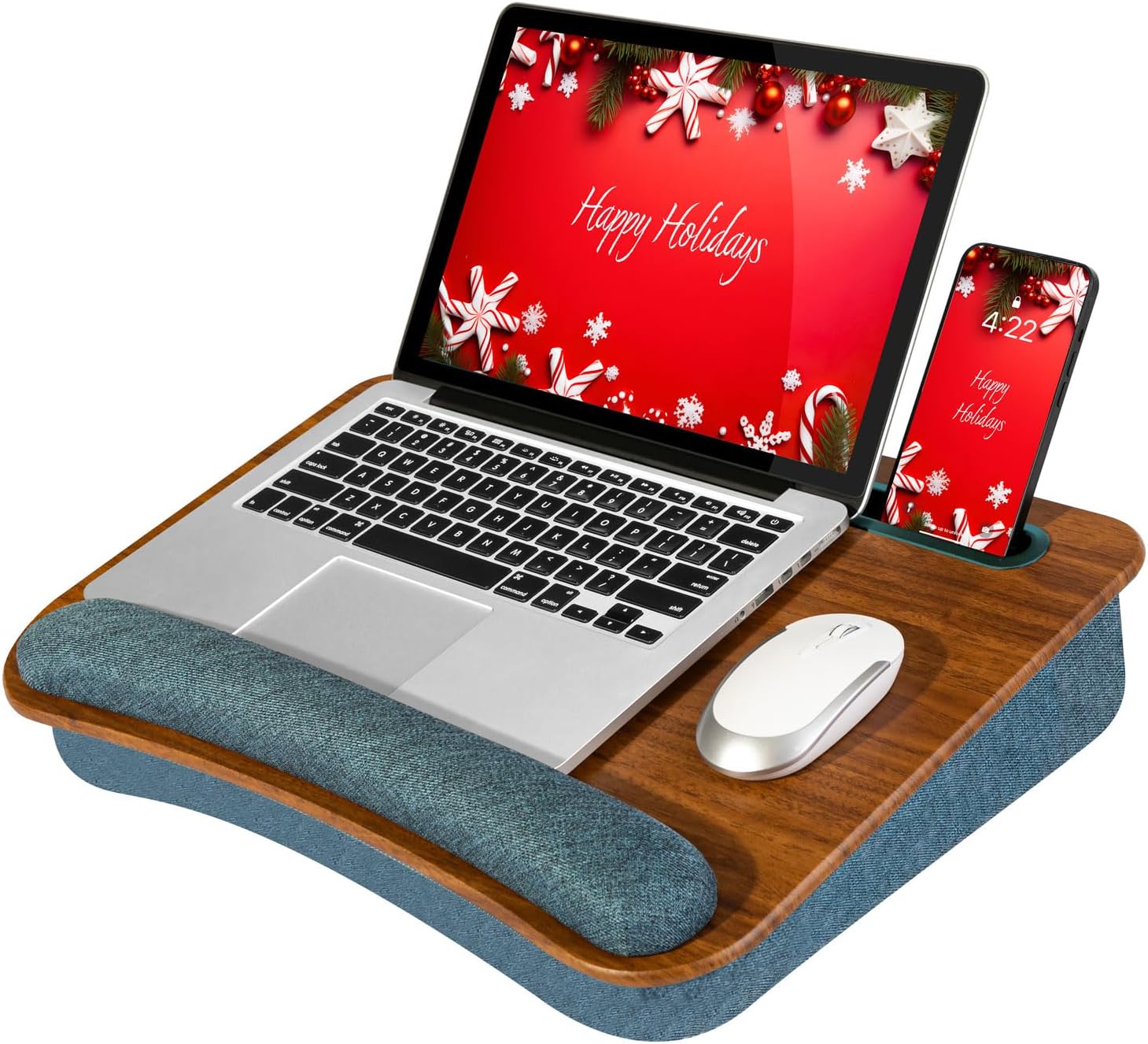 LAPGEAR Portable Laptop Lap Desk with Pillow Cushion, Anti-Slip Strip, Tablet or Phone Storage Slot, Pen and Pencil Pocket, and Wrist Rest - Espresso Woodgrain - Fits 17.3" Laptops - Style No. 91342