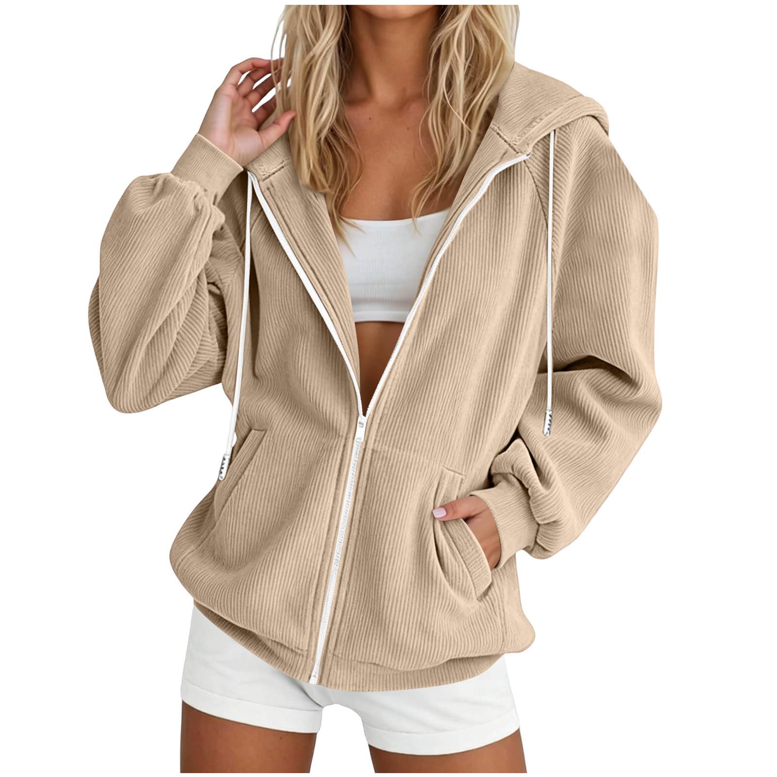 Generisch Hoodie Damen Reißverschluss Corduroy Pullover Sweatjacke Herbst Winter Kapuzenjacke Zipper Übergangsjacke Mit Kapuze Outdoor Einfarbig Kapuzenpullover mit Taschen Freizeitjacke