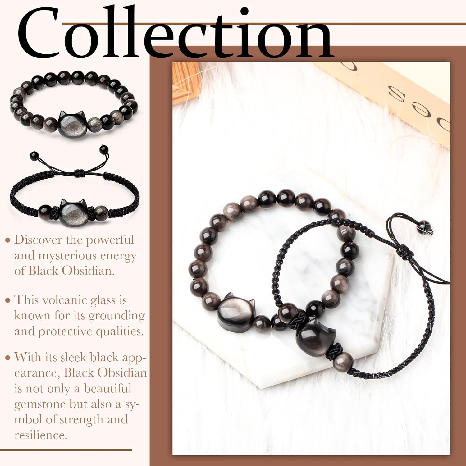 Black Obsidian Cat Bracelets Wealth & Good Luck Beaded Stretch Bracelets for Men Women, Feng Shui Rope Jewelry Gift - Image 3
