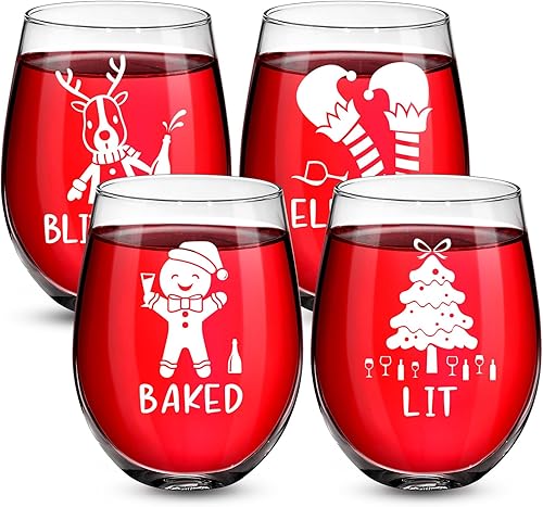 Patelai Juego de 4 copas de vino de Navidad sin tallo, de 17 onzas, copas de vino navideñas, pan de jengibre, árbol de Navidad, reno, elfo,