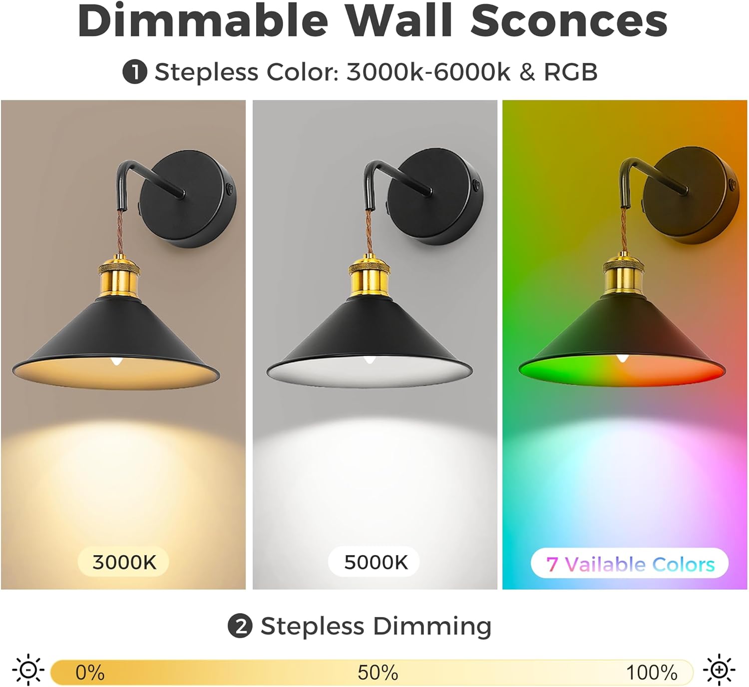 DORESshop Battery Operated Wall Sconce Set of 2, 10000mAh Gold & Black Wireless Rechargeable Wall Lights, Hanging Wire Wall Sconce, 9 Adjustable Sconces Wall Decor for Bedroom Living Room Hallway