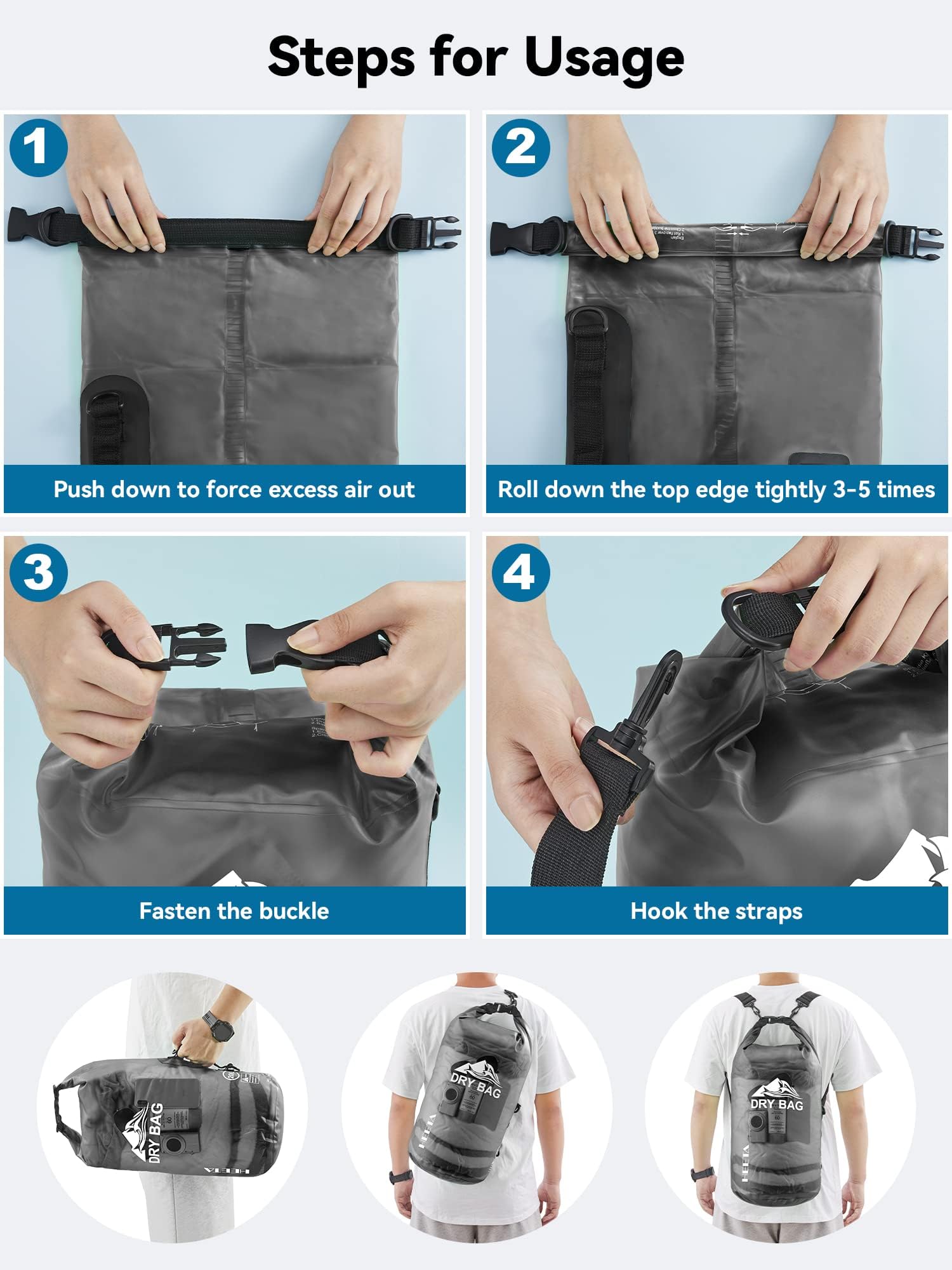 HEETA 防水ドライバッグ レディース メンズ ロールトップ 軽量 ドライストレージバッグ バックパック 携帯ケース付き 旅行 水泳 ボート カヤック キャンプ ビーチ用