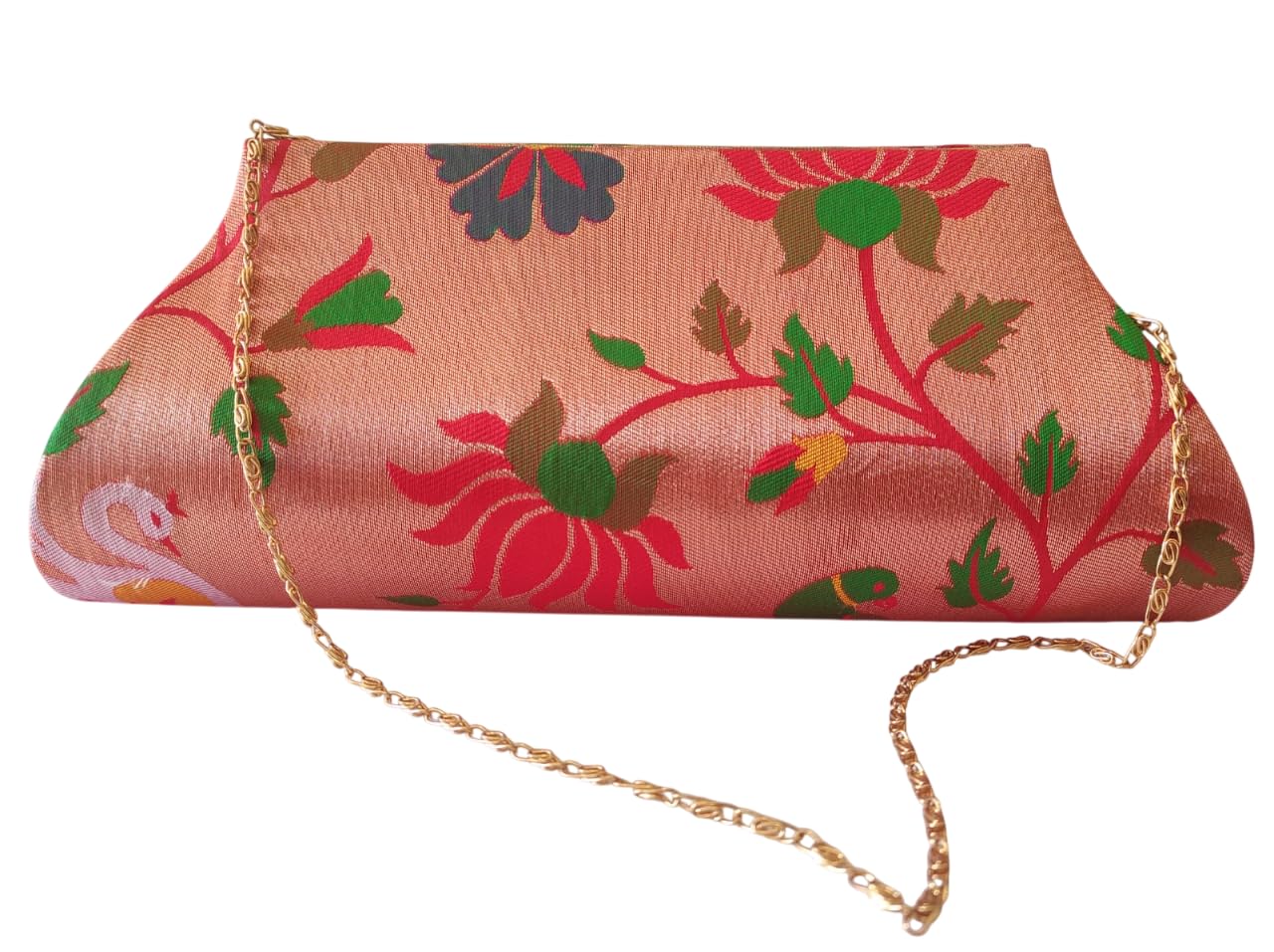 Ethnic Silk Potli Purse | Evening Party Carry Use | Zari Pattern Chain Sling Bag | Silk Fabric Metal Chain Closure | Floral Motif Traditional Style Handbag Accessory-image-24