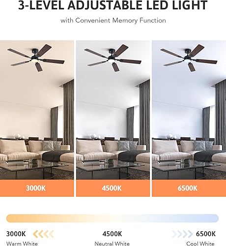 Miniatura 5 de VONLUCE Ventiladores de techo con luces y control remoto, ventilador de techo de 52 pulgadas con 5 aspas, motor CC reversible sin ruido de 6