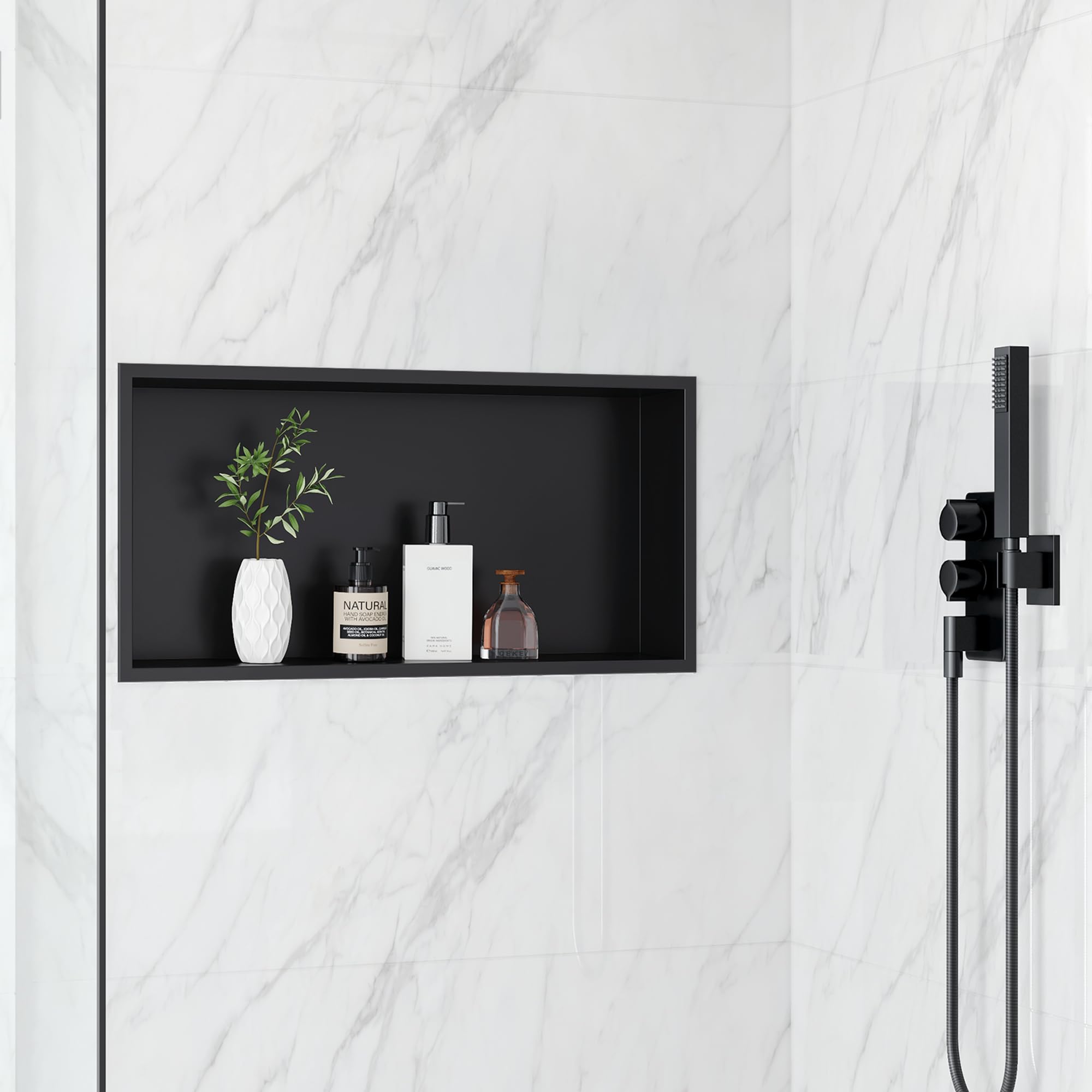 Qeke 304 Stainless Steel Recessed Shower Niche, Waterproof Built-in Wall Caddy with Flange, Easy to Installation, Rustproof for Bathroom & Kitchen, Single Layer, 60x30x10 CM, Black