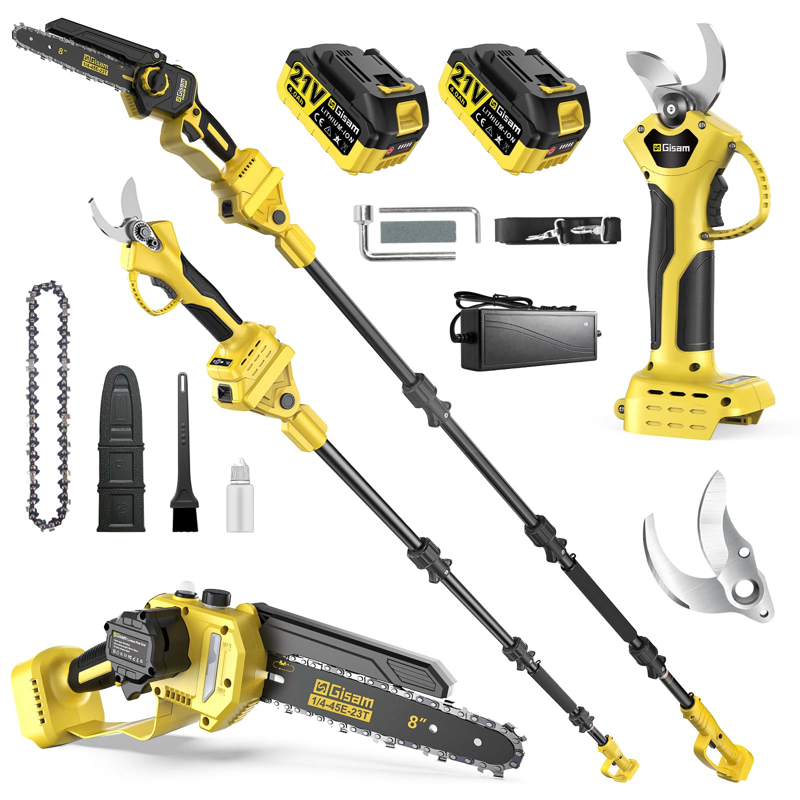 8 Pouces Mini Tronconneuse avec Perche & Secateur Electrique, 4-en-1 Ensemble d’Outils de Jardin avec 2 * 4000 mAh Batteries, Moteur Brushless, Portée Maximale Jusqu’à 4,2 m pour Jardinage/Arbres