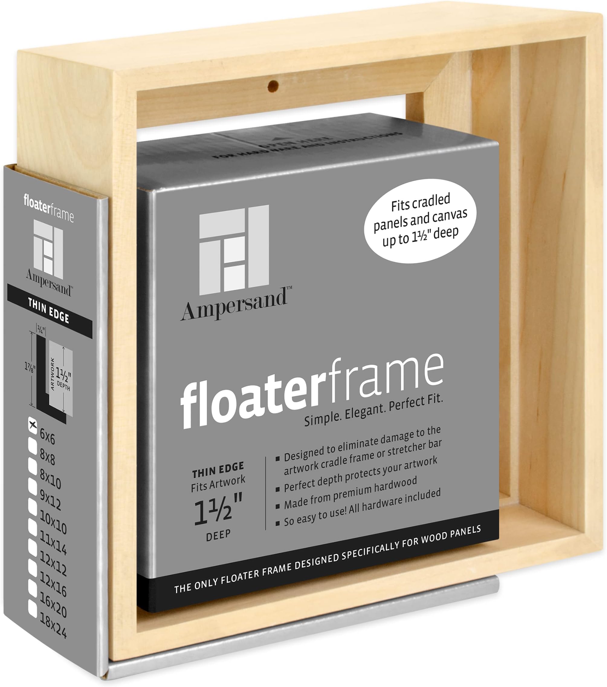 Ampersand Art Supply Floaterframe | 6"x6" | 1 1/2" Depth | Thin Style | Hardwood Floating Frame in Maple Finish for Canvas, Wood Panels & Artwork