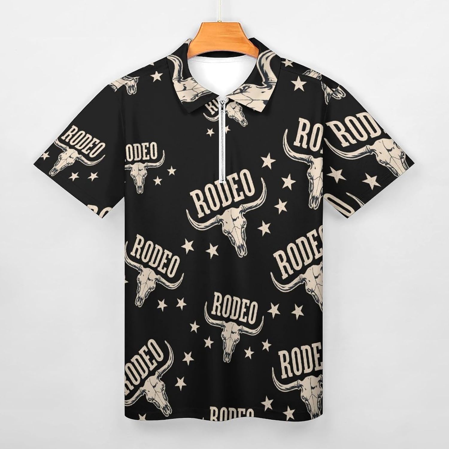Rodeo Cow Skull Polo Shirts for Men Short Sleeve Athletic Golf Tees Tops | Casual Summer Zippered V Neck Mens T-shirts Sports Quick Dry Tennis