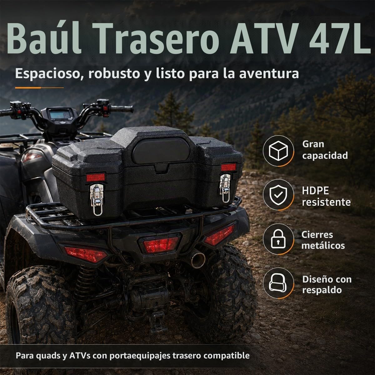 Caja Trasera ATV Quad 47L en HDPE,Baúl Rígido con Respaldo Integrado y Cierres Metálicos,Contenedor para Vehículos con Portaequipajes,75 x 40 x 31 cm,Negro