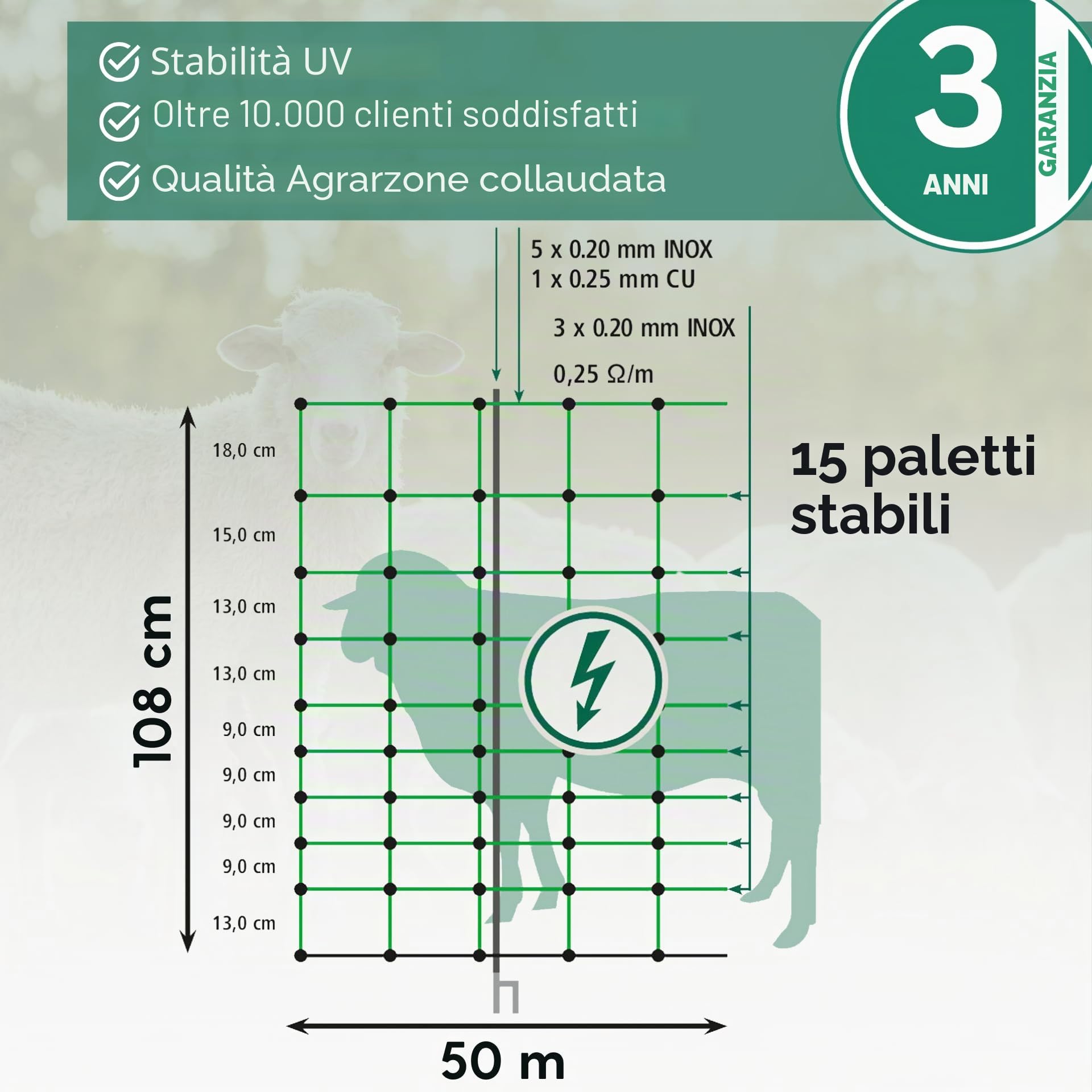Agrarzone Rete per pecore elettrificabile Classic 50 m x 108 cm - Robusta e visibile, con doppia punta - Ideale per pecore, capre, agnelli, cani e pollame