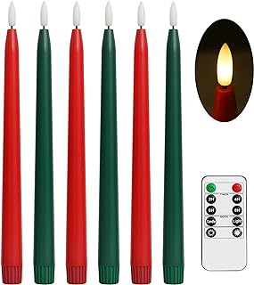 Green and Red Flameless Taper Candles with Remote Control - 11 Inch LED Candlesticks Battery Operated, Realistic 3D Flame with Wick, Timer, 6 Pack Holiday Candles Christmas Decor