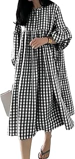 Women's Loose Fit Retro Plaid Dress Lantern Puff Sleeve Gingham Swing Midi Long Tunic Shift Dress - Buy now