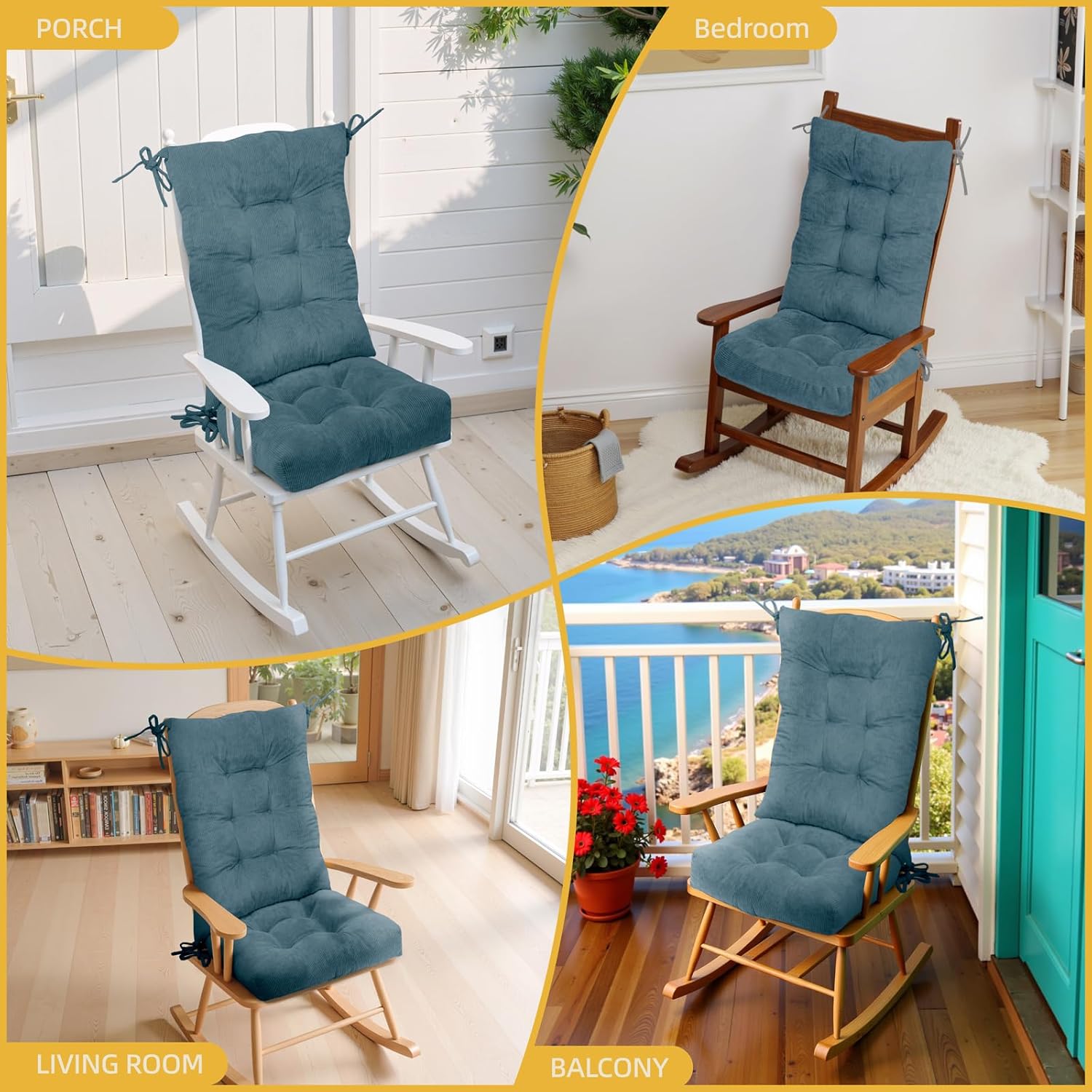 Millsilo Rocking Chair Cushions Indoor, Thicken Adirondack Chair Cushions 2 Piece Sets, High Back Rocker Chair Cushion with Tie, Non-Slip Memory Foam Rocking Chair Seat Cushion, 38x34x4 in Light-Blue