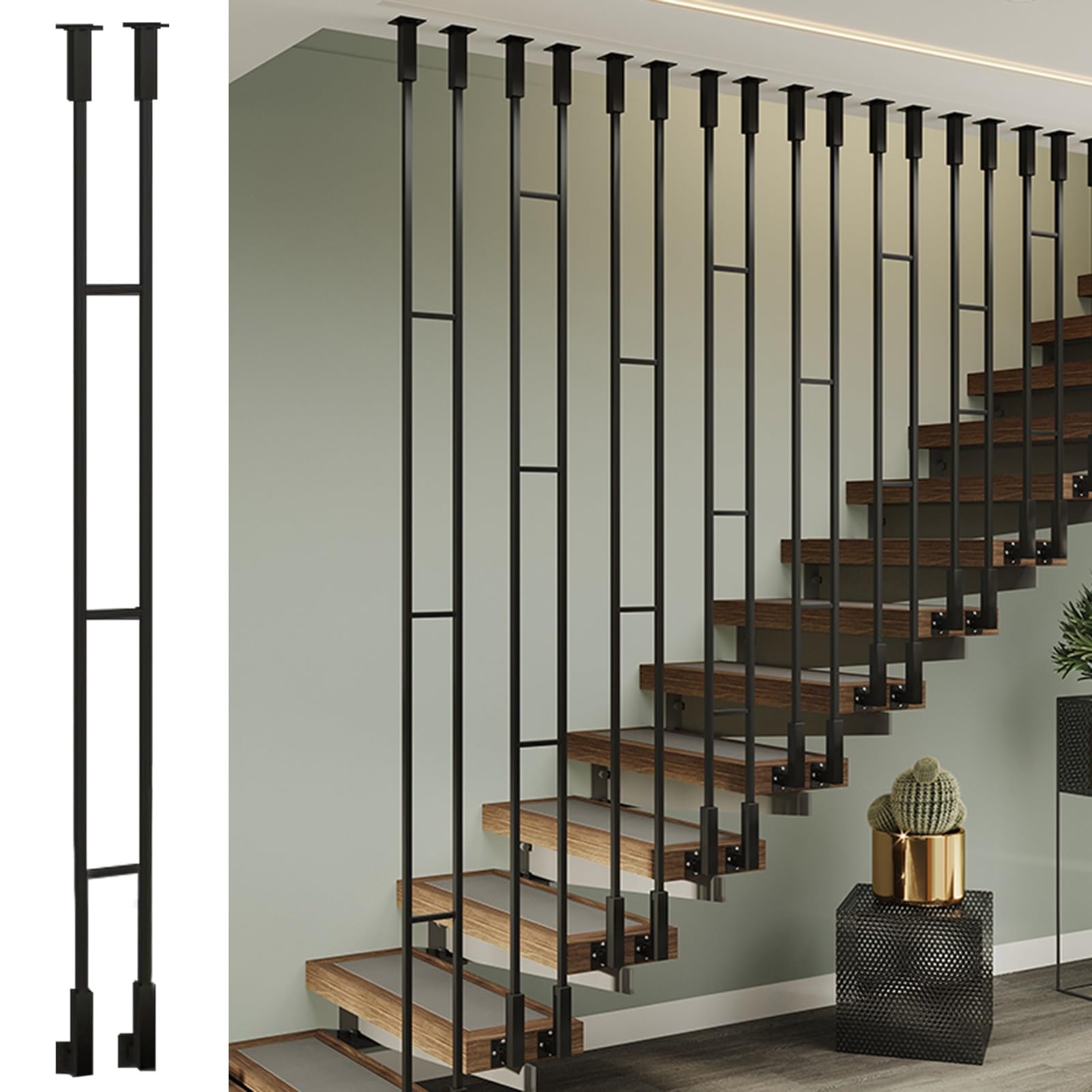 Staircase Balusters Low/ High, Modern Stair Baluster Indoor Stairway Guardrail Columns for Villa/ Hotel/ Home Living Room Slope Stairs, Black/ Gold/ White, L Shape(Pack of 1 black,175cm/68.9in/5.7ft)