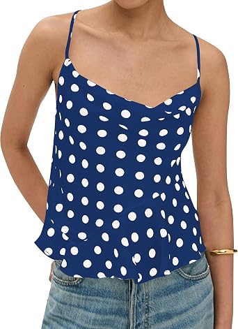 TERIVEEK Womens Polka Dot Cowl Neck Ruffle Flowy Tank Tops