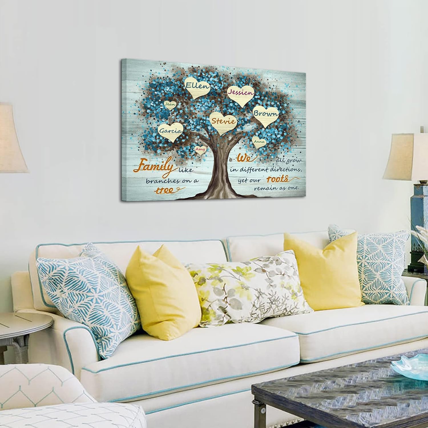 iLOOKLiKE Personalized Family Name Wall Art Decor Family Like Branches on a Tree Quote Custom Multi-Name Poster Prints on Canvas Sayings Pictures Painting for Home Gift Living Room Framed Blue