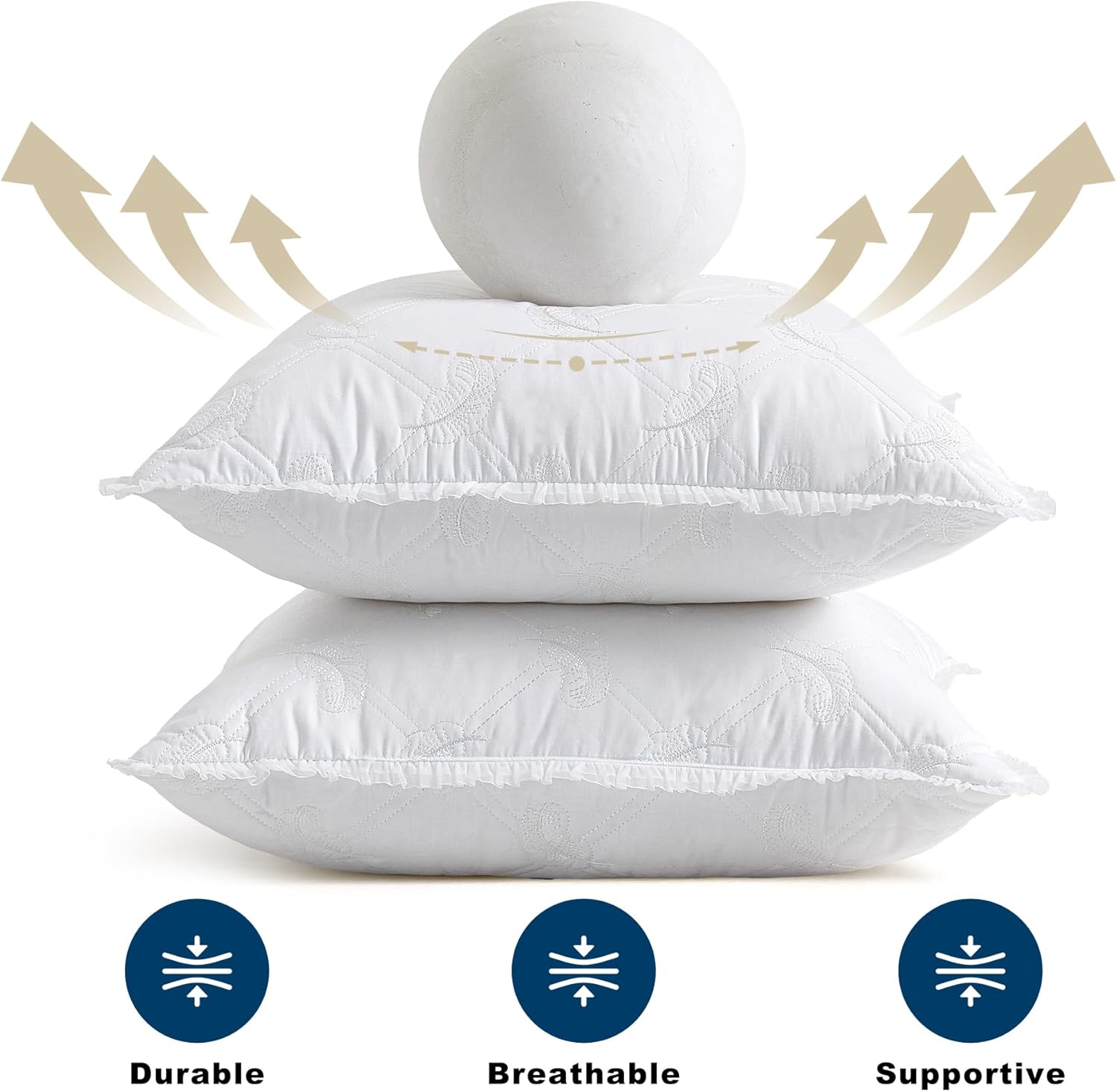 24 x 24 Feather Down Throw Pillow Inserts with Lace Edge - Soft and Plush, Odor-Free Fill - Breathable Quilted Cotton Fabric - Decorative Pillows for Couch Sofa Bed, White, Pack of 2