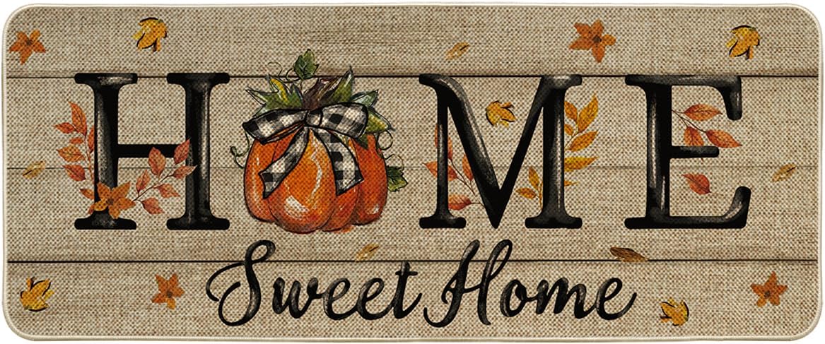 Artoid Mode Home Sweet Home Pumpkin Fall Doormat, Autumn Maple Leaves Home Decor Low-Profile Runner Rug Door Mat for Indoor Outdoor 24x59 Inch
