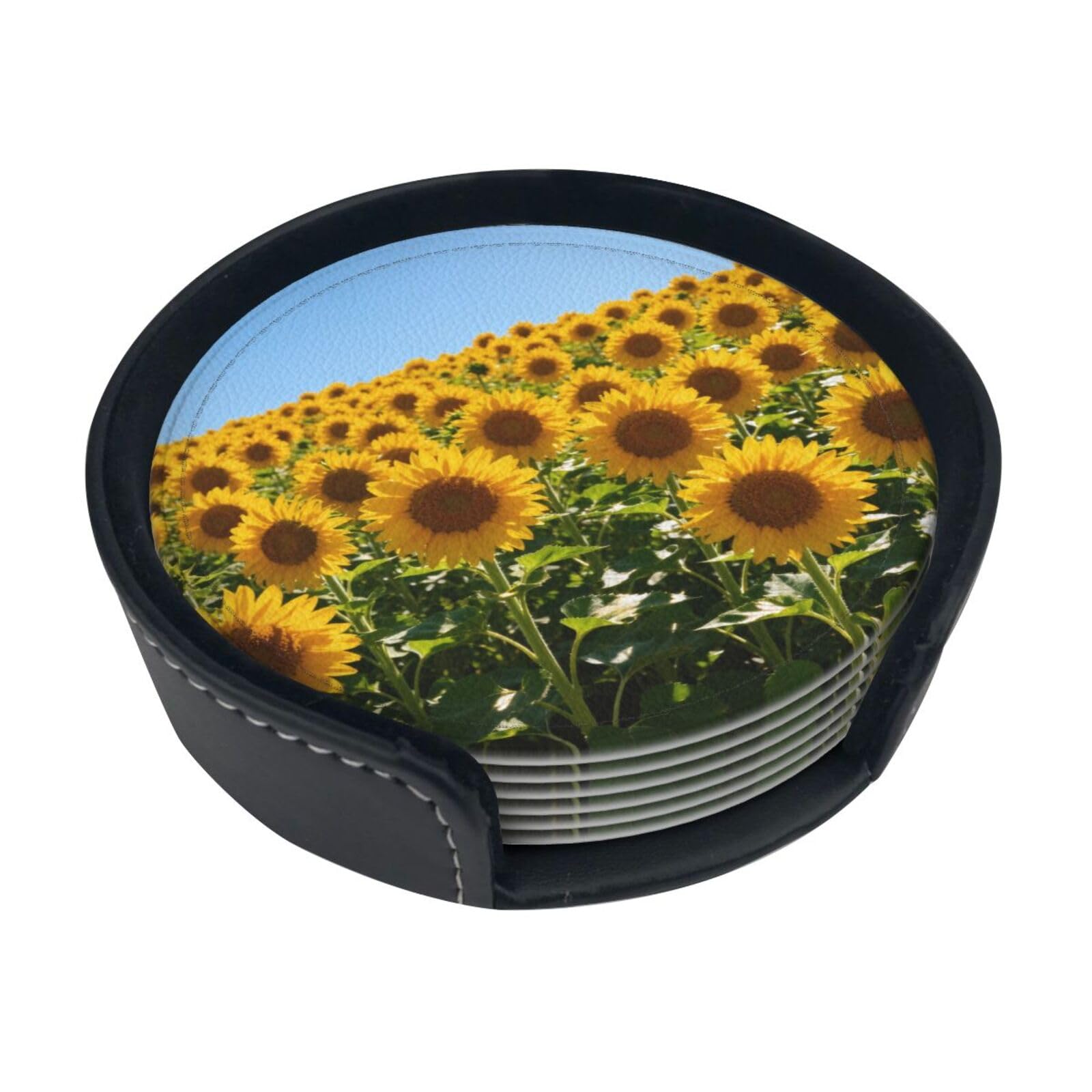 Cntdbu White Sunflower Field Leather Coasters Set Of 6-Pu Leather Drink Mats For Table, Heat Resistant Round Coasters With Holder
