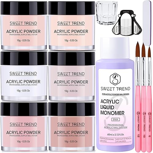 Acrylic Nail Kit for Beginners: 6 Colors Acrylic Powder and Liquid Starter Set - White Nude Lotus Light Pink Brown - Professional Kit with Nail Brushes Files Forms for Salon Home DIY Practice