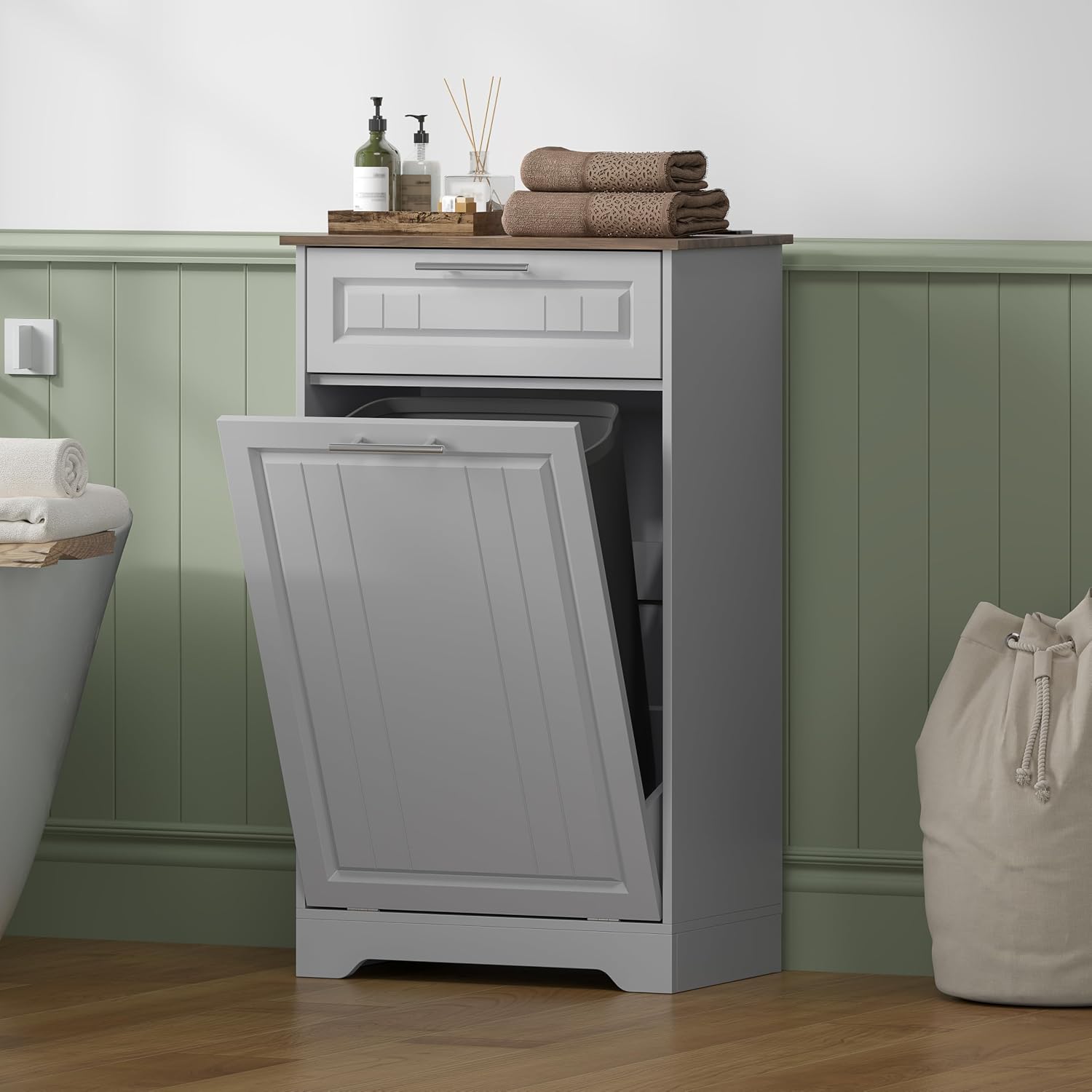 10 Gallon Tilt Out Trash Can Cabinet with Deodorizing Function, Wooden Garbage Can Cabinet with Storage Drawer, Hidden Laundry Hamper Holder for Kitchen, Washing Room, Grey