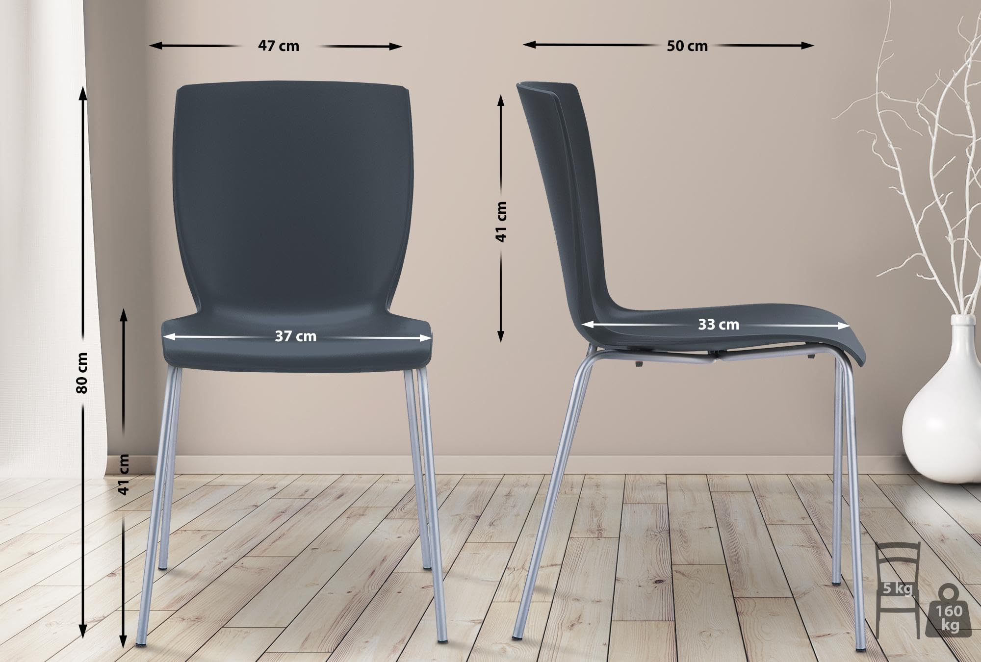 CLP 2er Set Gartenstühle Mio Kunststoff I Stapelbare Bistrostühle Mit Aluminiumgestell, Farbe:schwarz