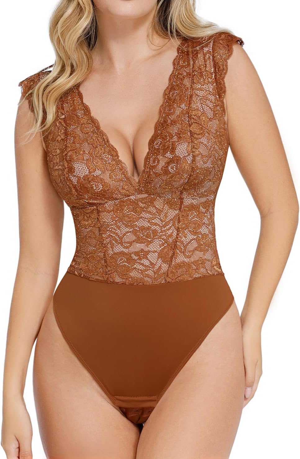 Popilush Lace Body Suits Women - Tank Top Thong Shapewear Tummy Control Going Out Tops Deep V Neck BodySuit