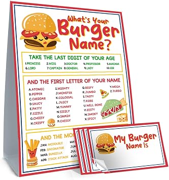 Cute Burger Theme Game Cards Set, Whats Your Burger Name Game Card, Including 1 Burger Name Game Sign and 30 Name Sticker, Perfect for Birthday Party Game Activities