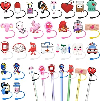 ZYNERY 26 PCS Silicone Straw Cover, Nurse Themed Straw Cover Cap, Anti-Dust Seal Straw Caps for Reusable Straws, Straw Toppers for 6-8mm Straws, Straw Tips Cover for Doctor Nurse Party Gifts