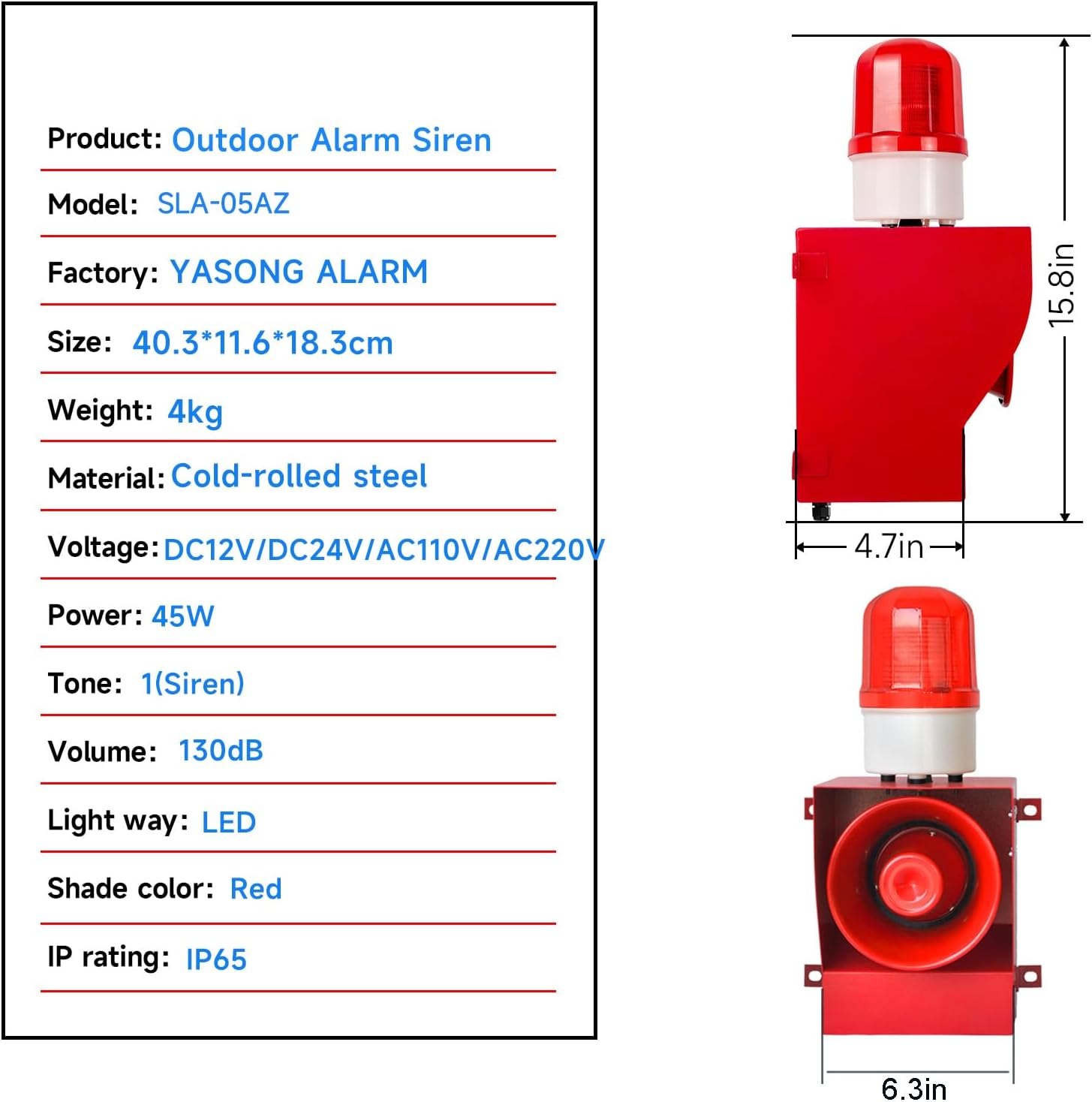 Alarm Siren with Button Control Box 130dB Horn 45w Emergency Alarm Systerm with Strobe Light for Farm Factory Harbor Dock SLA-05AZ DC12V