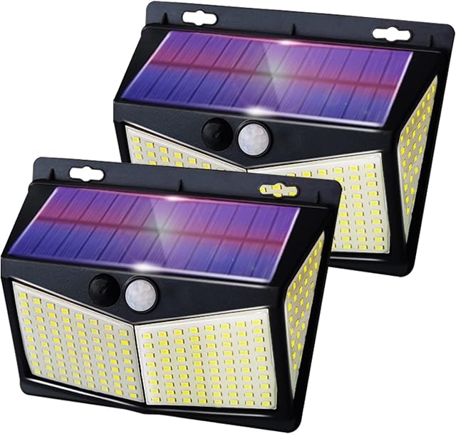 2 Pack Solar Motion Sensor Security Wall Lights Outdoor, 208 LED Solar Fence Lights with 3 Modes, 270° Wide Angle & IP65 Waterproof Outside for Wall Garden Garage Front Door Porch Yard Driveway